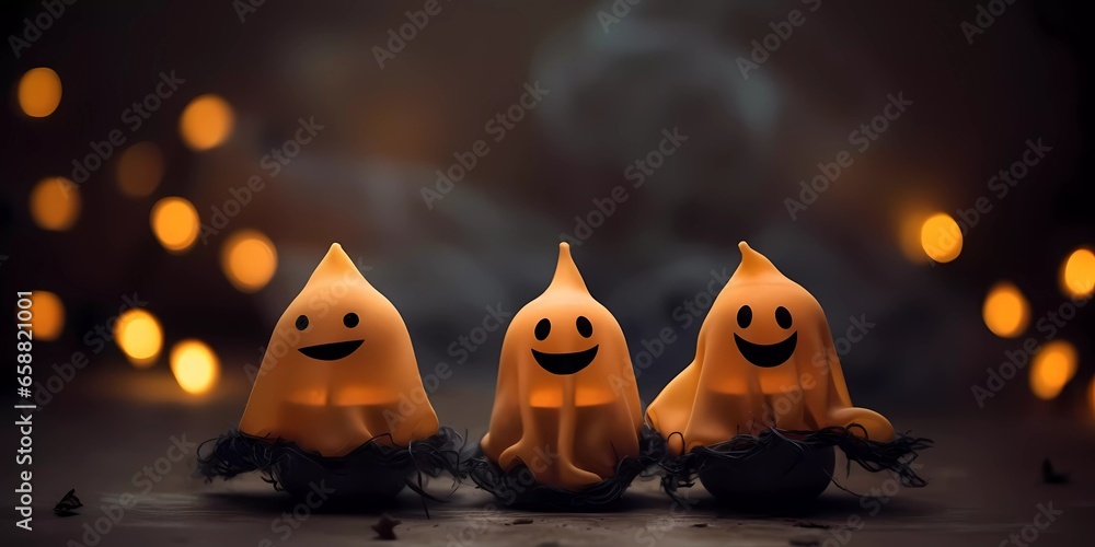 Obraz premium Autumn Halloween decorations wit a cute little felt toy pumpkins. Halloween Pumpkins on a dark background. Autumn Holiday Halloween. Generative AI