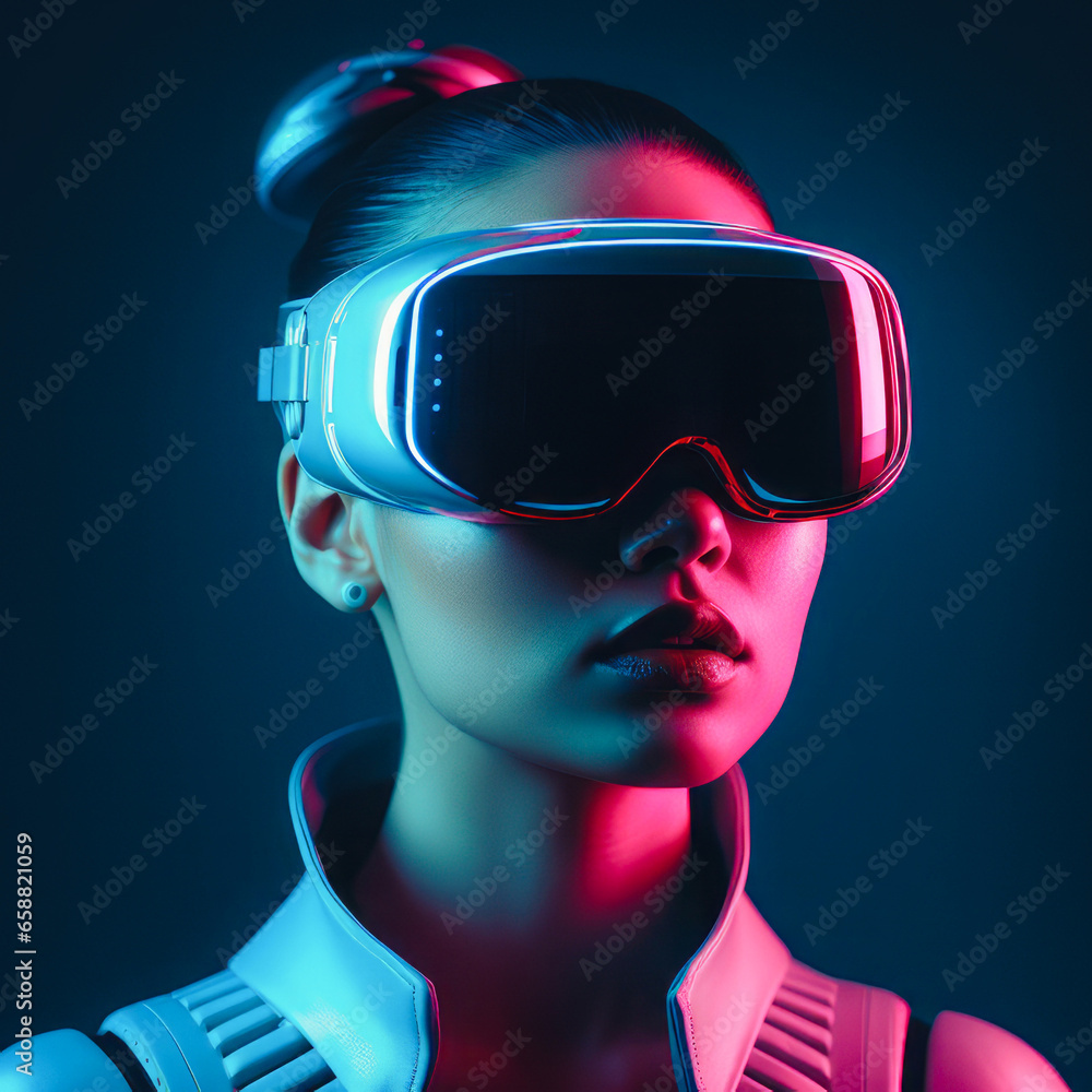 A contemporary futuristic portrait of a young girl surrounded by minimalist cyber neons, wearing VR glasses guiding her through the exciting world of virtual reality. A contemporary futuristic portrait of a young girl surrounded by minimalist cyber neons, wearing VR glasses guiding her through the exciting world of virtual reality.
