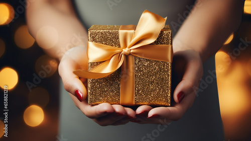 Golden Surprise, Festive Minimal Background with Delightful Gift © ELmidoi-AI
