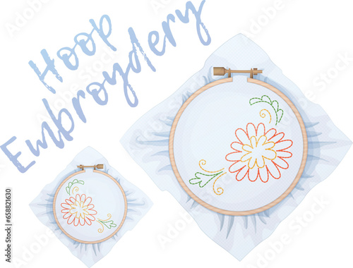 Embroidery hoop vector icon isolated on white background. Wooden hoop for needlework with white fabric with needle stitching illustration