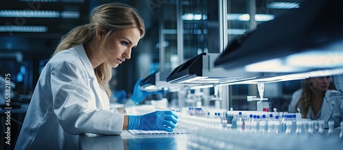 Female scientist handling blood sample in lab With copyspace for text