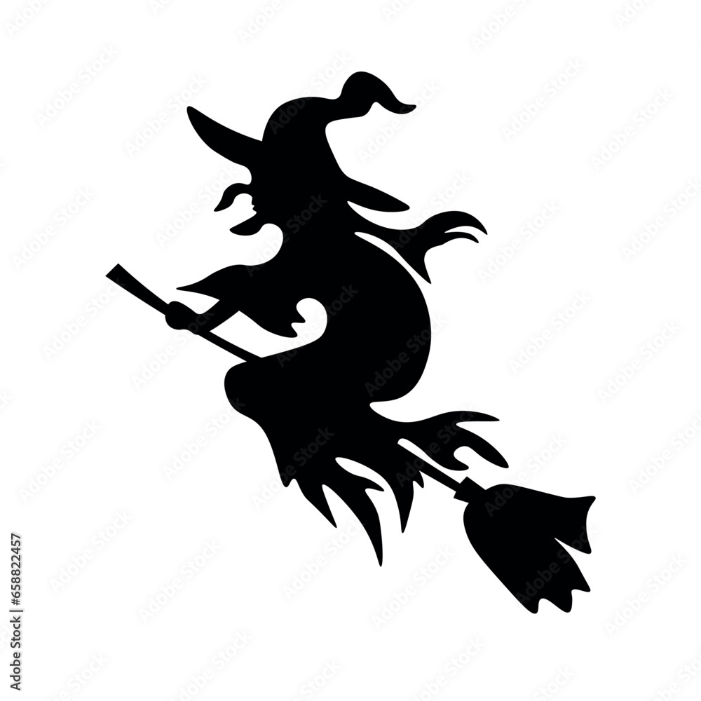 Silhouette of witch flying on broom against white background Silhouette of witch flying on broom against white background