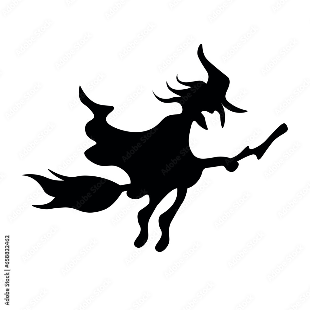 Fototapeta premium Silhouette of witch flying on broom against white background