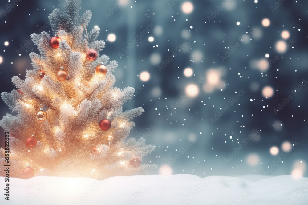 Christmas tree with snowflakes and bokeh lights background. Christmas tree with snowflakes and bokeh lights background.