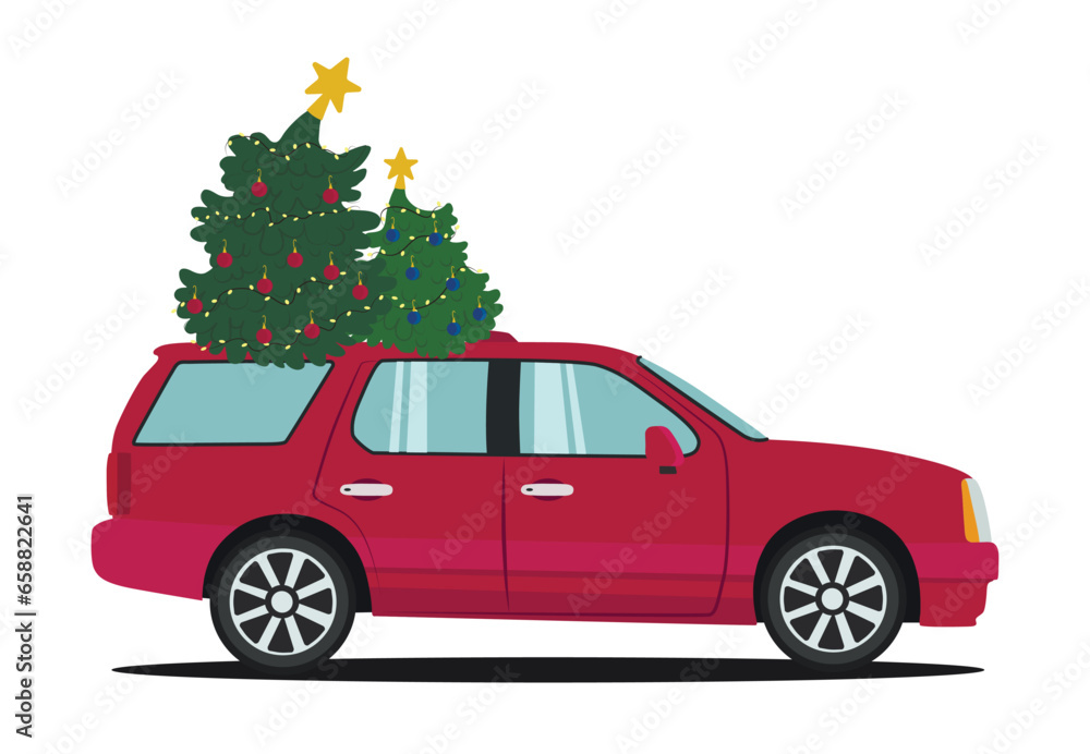 Car with Christmas trees on white background