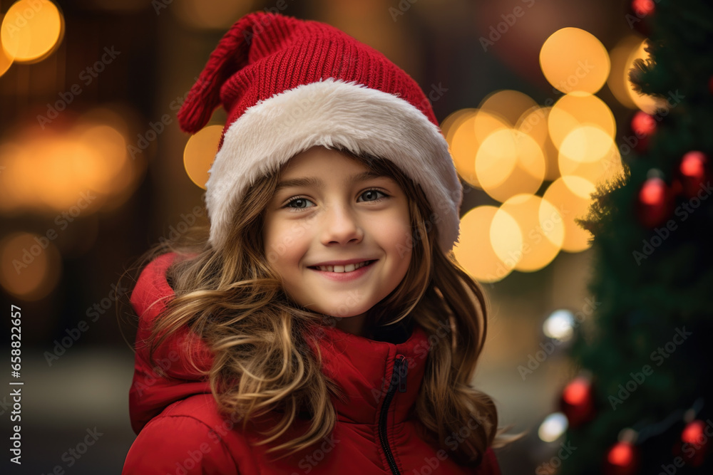 Smiling girl in santa hat with bokeh lights background. Smiling girl in santa hat with bokeh lights background.