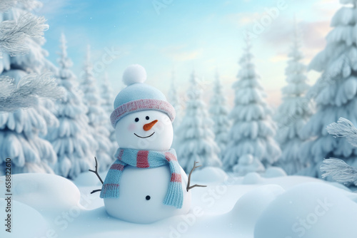 Cute snowman wearing warm hat and scarf in snowy forest.