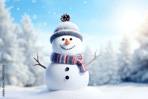 Happy snowman wearing hat and scarf in the snowy forest.