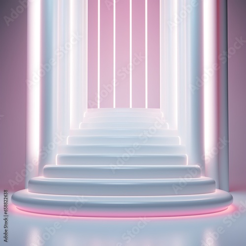 Abstract Fluorescent white pink background  glowing vertical lines  illuminated stairs  fashion podium  performance stage