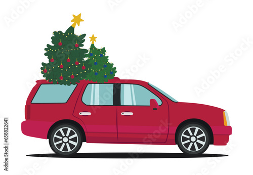 Car with Christmas trees on white background