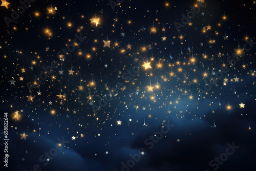 Night sky with golden stars background. © Maria