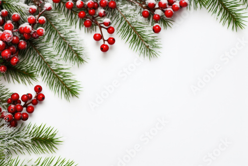Christmas background with fir branch and red berries. Space for text.