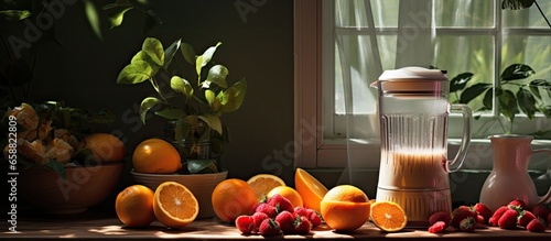 Blend food fruit puree and honey using a blender Illuminate from the window With copyspace for text photo