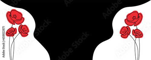 Banner with red poppy flowers on black and white background
