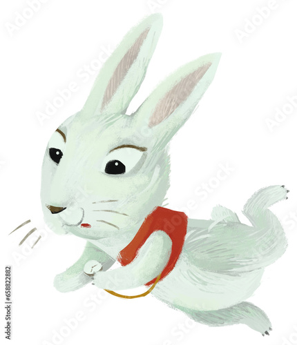 Cartoon rabbit running in hurry with clock in its hand paw isolated illustration for children
