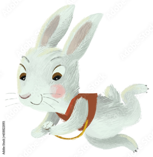Cartoon rabbit running in hurry with clock in its hand paw isolated illustration for children