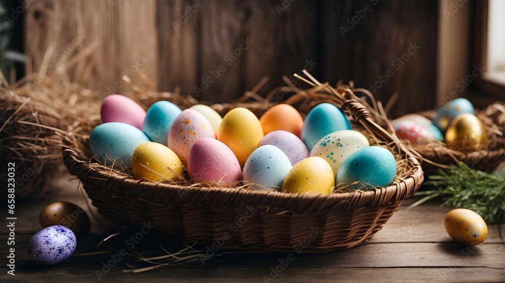Happy easter Easter painted eggs in nest Happy easter Easter painted eggs in nest