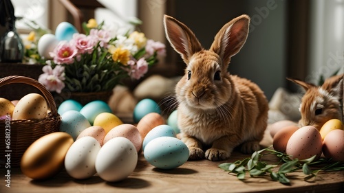  A Cute Easter Bunny Surrounded by Colorful Easter Eggs, Spreading Cheer and Enjoying the Festive Delights