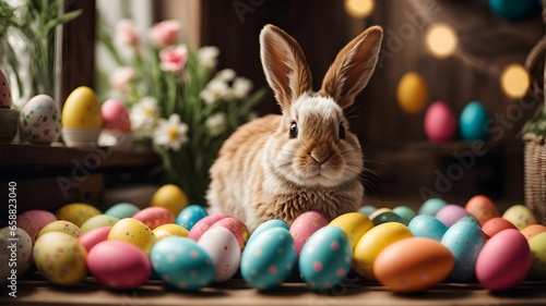  A Cute Easter Bunny Surrounded by Colorful Easter Eggs, Spreading Cheer and Enjoying the Festive Delights