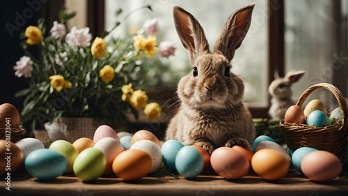  A Cute Easter Bunny Surrounded by Colorful Easter Eggs, Spreading Cheer and Enjoying the Festive Delights