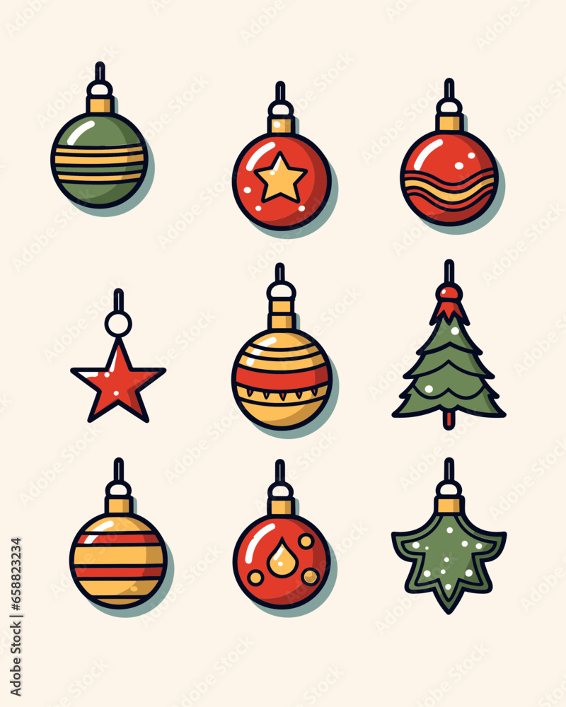 Set of Christmas tree ornaments, illustrations of Christmas tree baubles Set of Christmas tree ornaments, illustrations of Christmas tree baubles