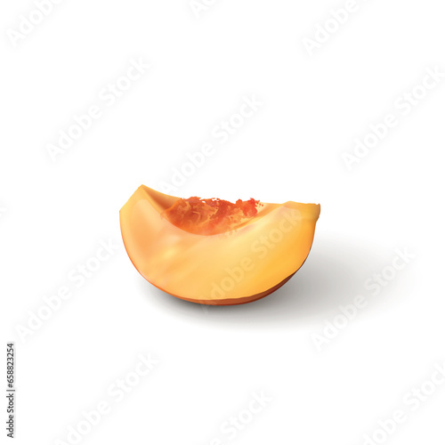 Piece of juicy peach on white background