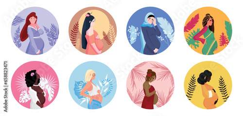 Many pregnant women of different nationalities on white background