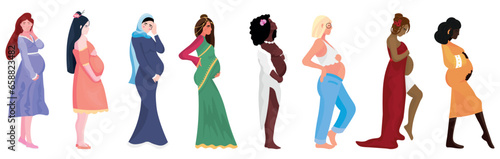 Group of pregnant women of different nationalities on white background