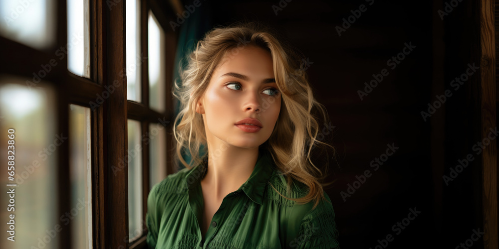Young beautiful blonde woman in green shirt Young beautiful blonde woman in green shirt