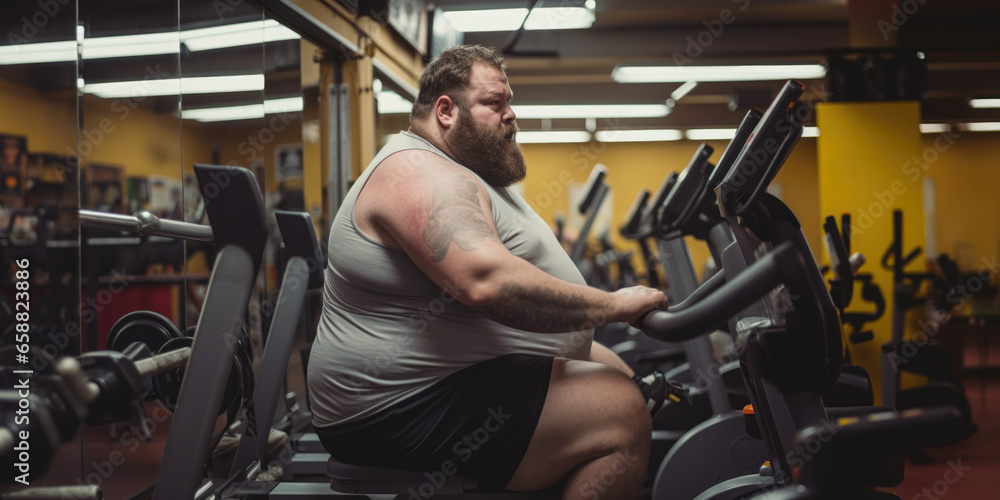 Overweight young male working in gym out trying to lose weight. - obrazy, fototapety, plakaty 