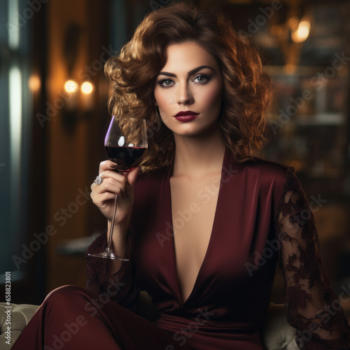 attractive woman in a dress holding glass of wine