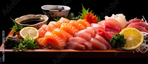 Tasty sashimi platter with Japanese seafood With copyspace for text