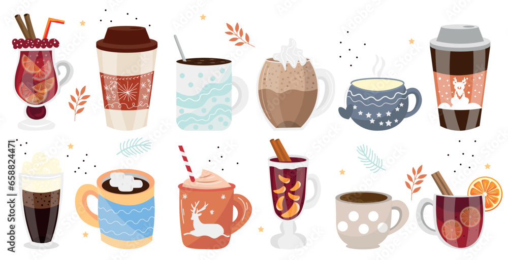 Collection of hot winter drinks on white background Collection of hot winter drinks on white background