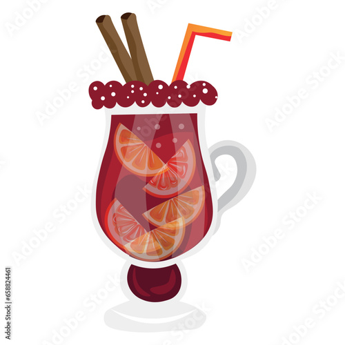 Glass cup of tasty red mulled wine on white background
