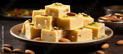 Kaju Katli is a famous Indian sweet made with milk khoya cashews and sugar With copyspace for text