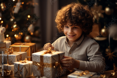 Christmas Delight, Joyful boy unwrapping gifts by the shimmering tree © ELmidoi-AI