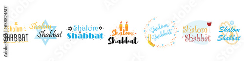 Collage of banners with text SHALOM SHABBAT on white background