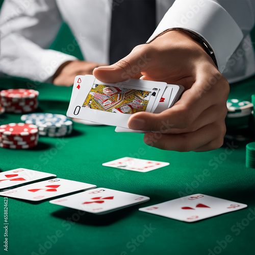 a man's hand deals cards on a green cloth table, a casino poker game