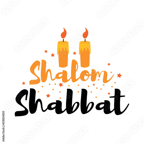 Text SHALOM SHABBAT with glowing candles on white background
