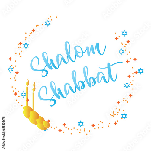 Text SHALOM SHABBAT with challah bread on white background