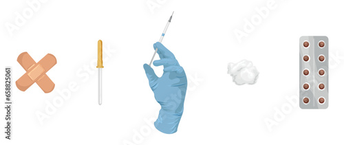Set of medical items on white background