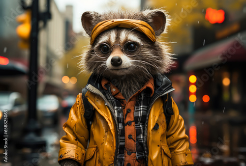 a raccoon in the shape of a human is in the street, it is raining. © VicenSanh