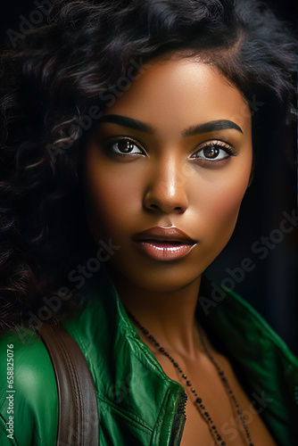Portrait of a black woman in a green dress.
