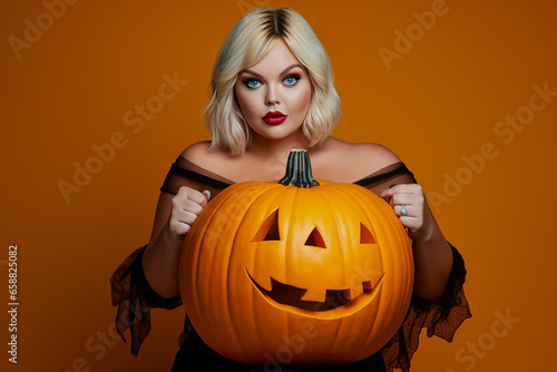 Portrait of a plus - size beautiful blonde woman Halloween on yellow background.