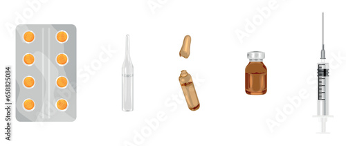 Set of ampules, pills and syringe on white background