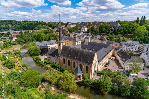 Neumünster Abbey, surrounded by Alzette river, in the Grund district of Luxembourg City