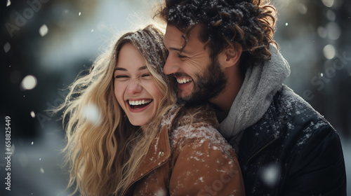 Winter Love, Joyful Young Couple Embracing the Cold Outdoors