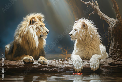 a brown lion next to a white lioness, they are sitting on a log looking at each other, animal memes, humorous, funny