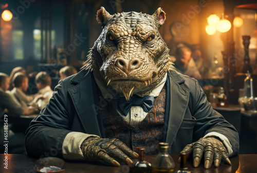 a human-shaped crocodile dressed in a suit is sitting on a bar counter, animal memes, humorous, funny