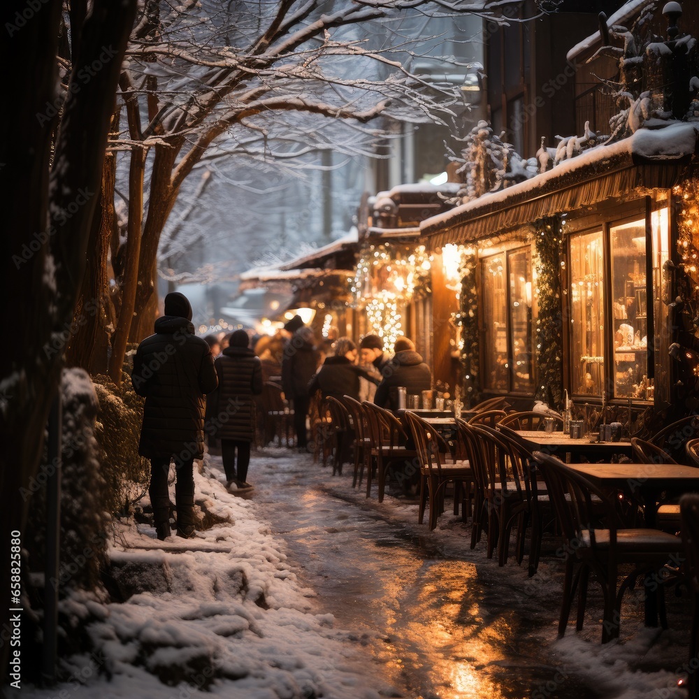 Φωτογραφία snow-covered street with people walking and a cozy café adorned with festive lights on the side, reflecting a warm, inviting glow on the wet pavement, embodying the charm of a winter evening